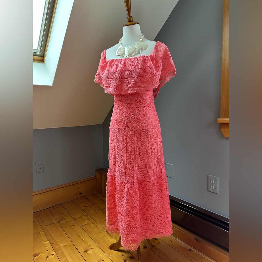 Off Shoulder Coral Lace Maxi Dress